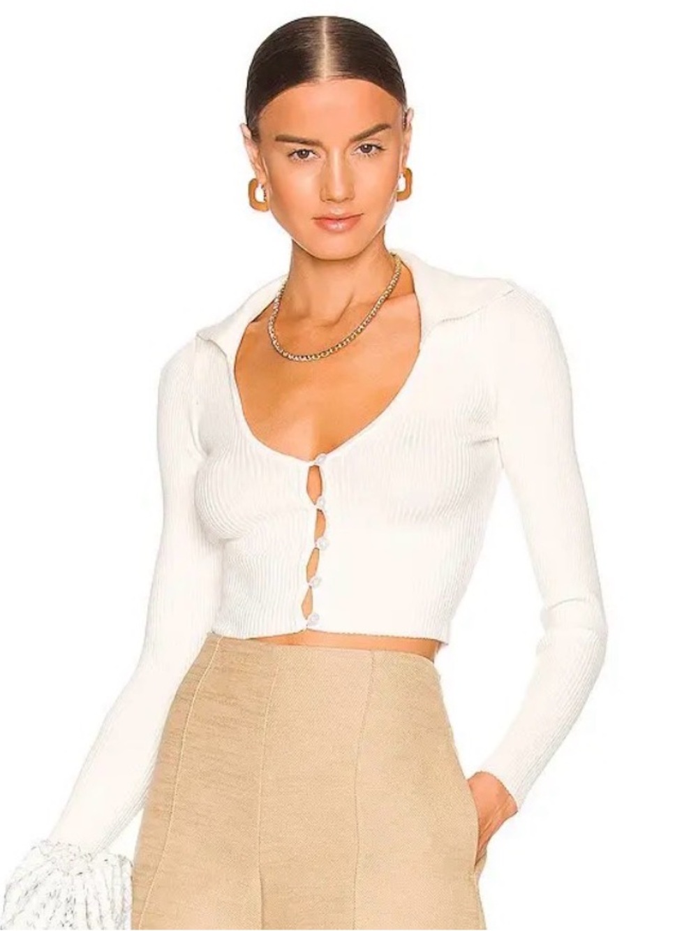 White Ribbed Long-Sleeve Cropped Cardigan with Keyhole Buttons